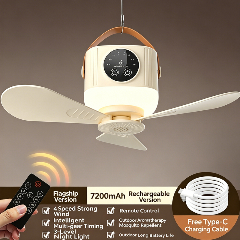 Outdoor Camping Misting Fan - 7200mAh Portable Rechargeable Ceiling Fan Wireless